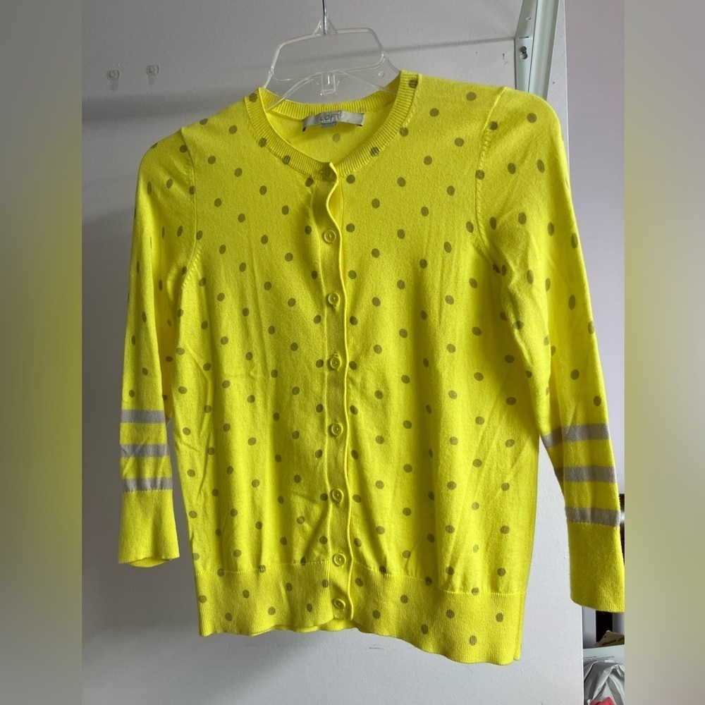 Loft Women’s Sweater, Button Front, Yellow with Polka Dots, XS, Long Sleeve